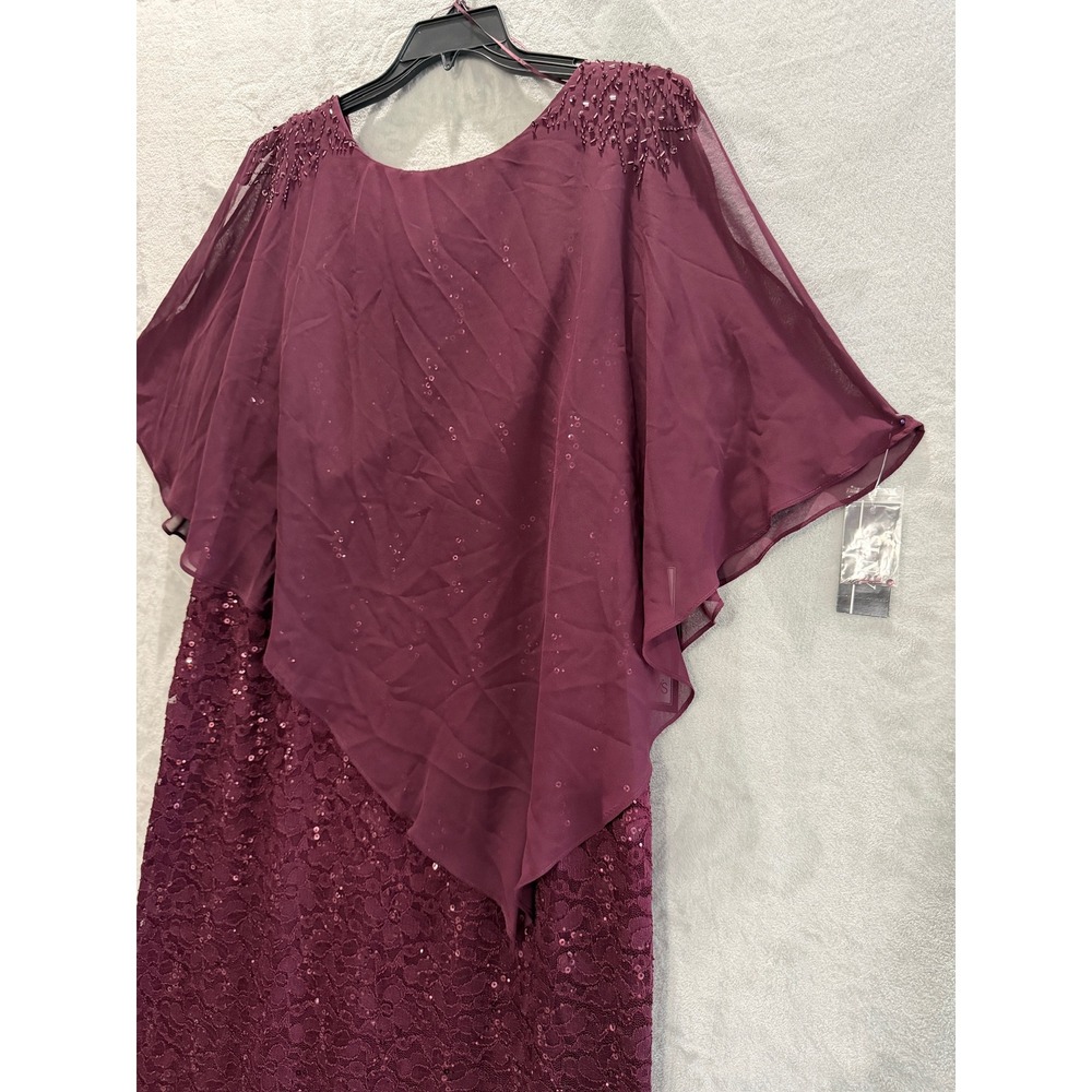 NWT SLNY Evening Gown Women Plum Sequin Lace Chiffon Cape Overlay Dress 14W $169 - Picture 6 of 16